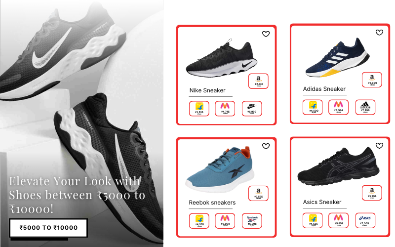 "Discover stylish shoes between ₹5000 to ₹10000 at ShoeDealFinder.